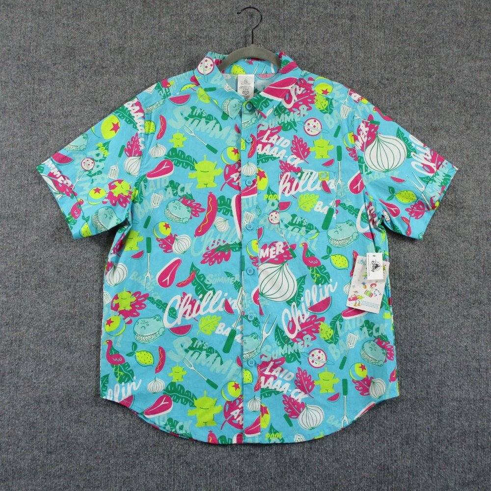 Disney Hawaiian Shirt Mens Medium Blue Summer Splash Toy Story Woody Button Up